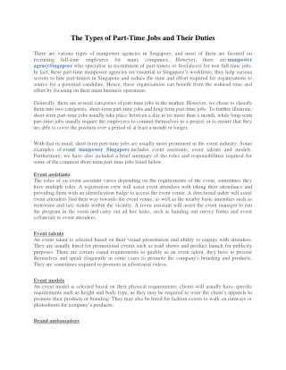 the types of part time jobs and their duties