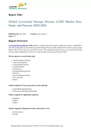 Lysosomal Storage Disease (LSD) Market Size, Status and Forecast 2020-2026