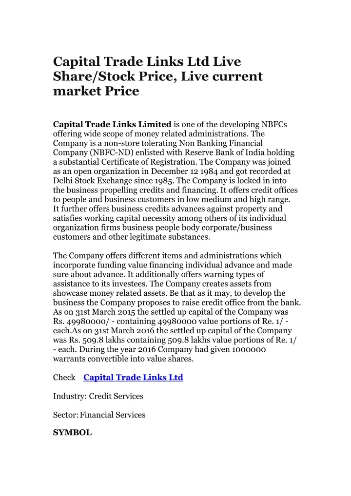 capital trade links ltd live share stock price