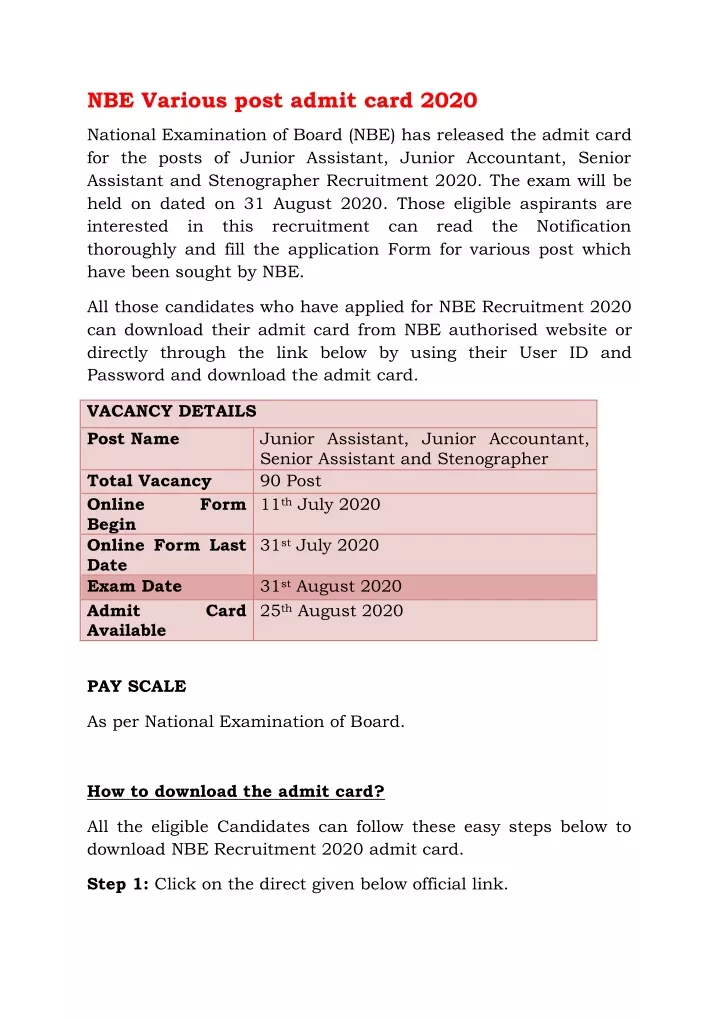 nbe various post admit card 2020