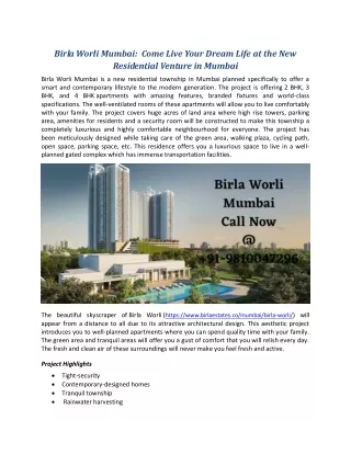 Birla Worli Mumbai:  Come Live Your Dream Life at the New Residential Venture in Mumbai!!