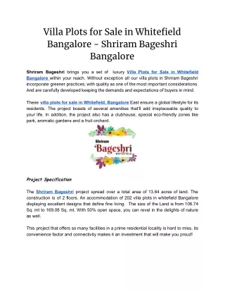 Villa Plots for Sale in Whitefield Bangalore - Shriram Bageshri Bangalore