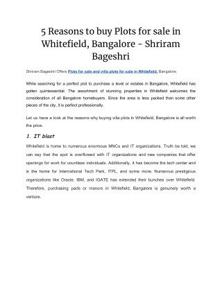 5 Reasons to buy Plots for sale in Whitefield, Bangalore - Shriram Bageshri