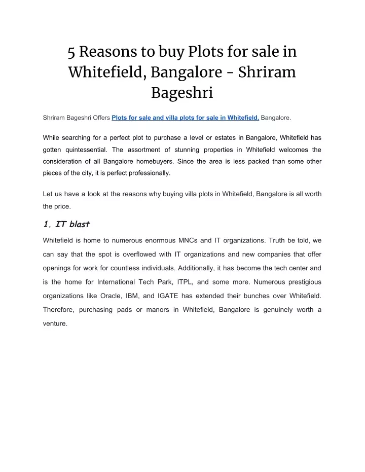 5 reasons to buy plots for sale in whitefield