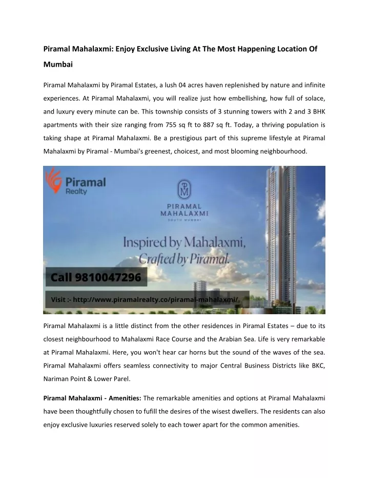 piramal mahalaxmi enjoy exclusive living