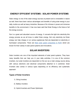 ENERGY EFFICIENT SYSTEMS - SOLAR POWER SYSTEMS