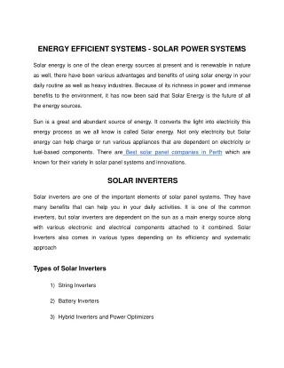 ENERGY EFFICIENT SYSTEMS - SOLAR POWER SYSTEMS