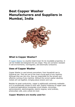 Best Copper Washer Manufacturers and Suppliers in Mumbai, India