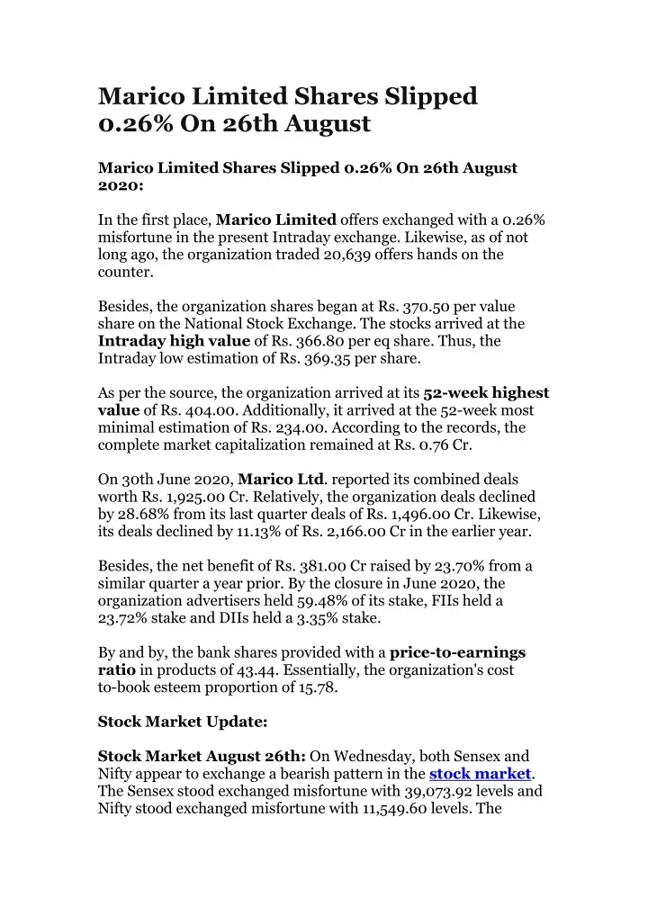 marico limited shares slipped 0 26 on 26th august