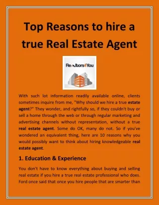 Top Reasons to Hire a true Real Estate Agent
