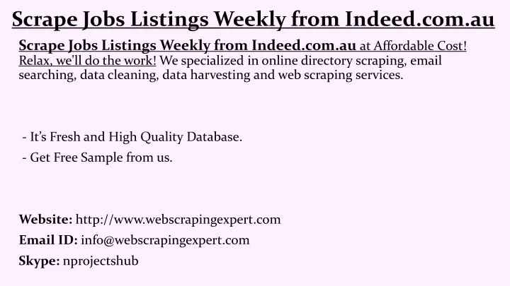 scrape jobs listings weekly from indeed com au