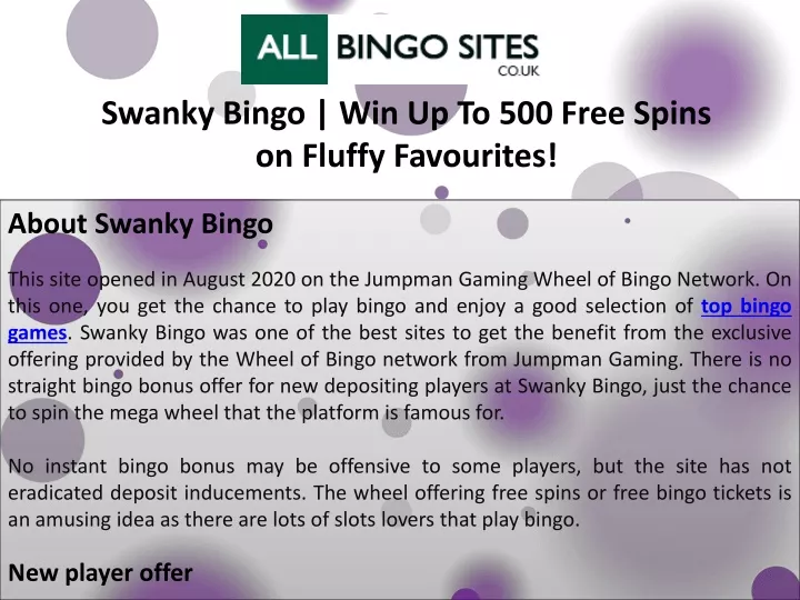 swanky bingo win up to 500 free spins on fluffy