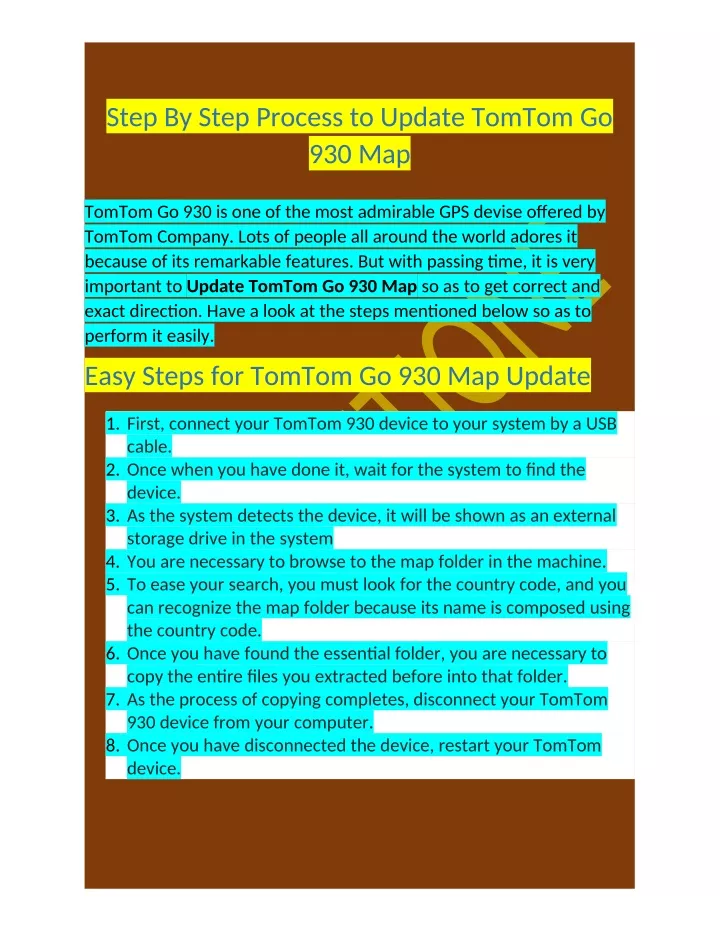step by step process to update tomtom go 930 map