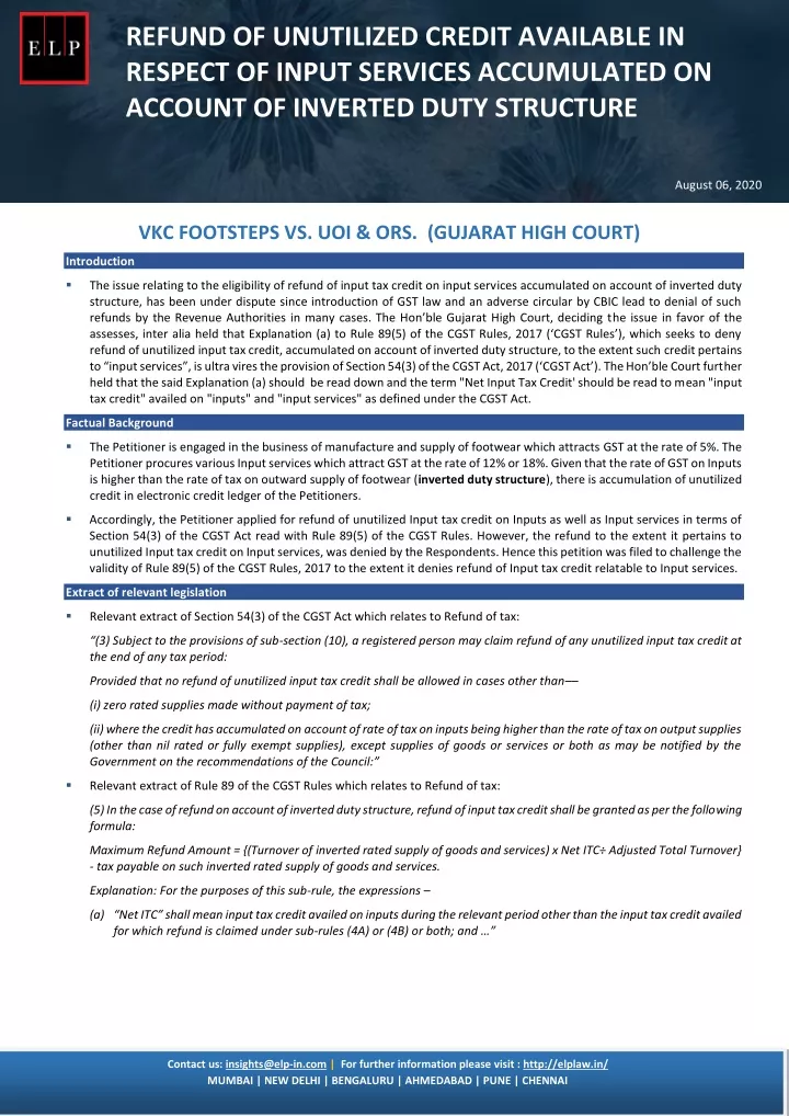 elp update tax august 2020 refund of unutilized