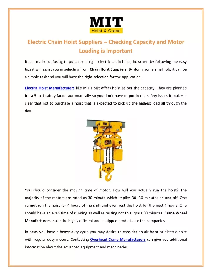 electric chain hoist suppliers checking capacity