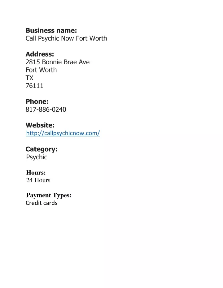 business name call psychic now fort worth address