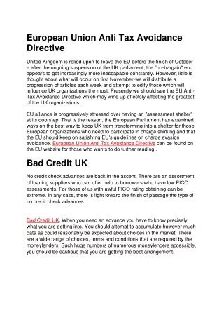 European Union Anti Tax Avoidance Directive and Bad Credit UK