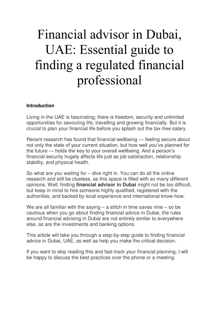 financial advisor in dubai uae essential guide
