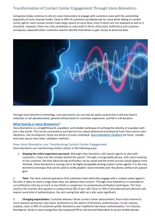 Transformation of Contact Center Engagement Through Voice Biometrics