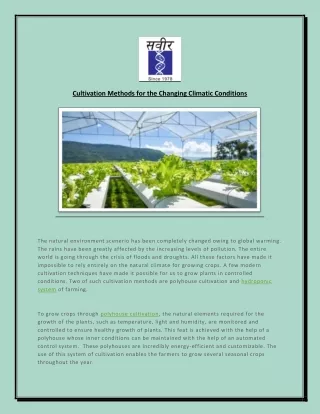 Cultivation Methods for the Changing Climatic Conditions