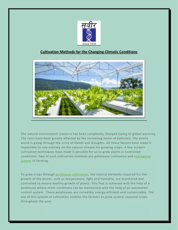 cultivation methods for the changing climatic