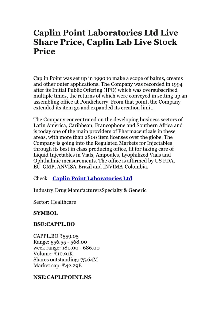 caplin point laboratories ltd live share price