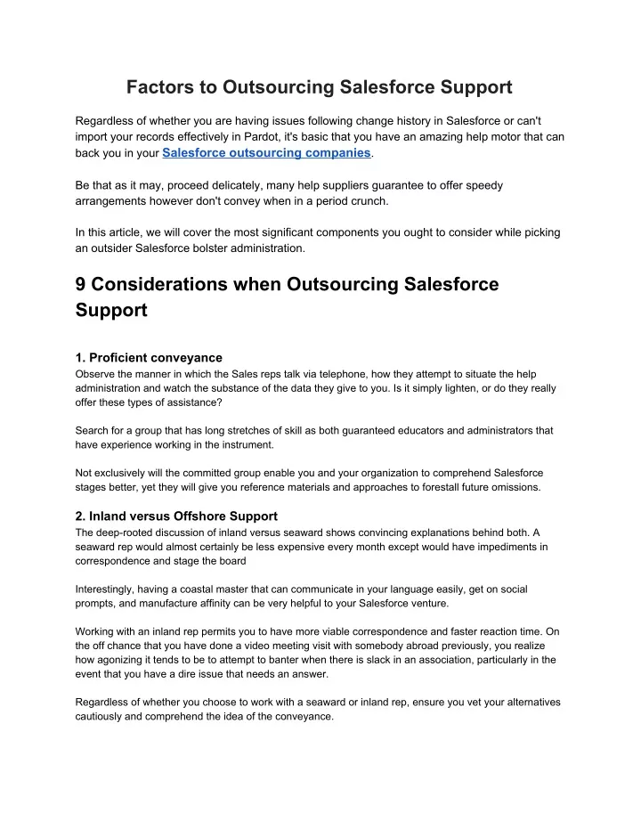 factors to outsourcing salesforce support