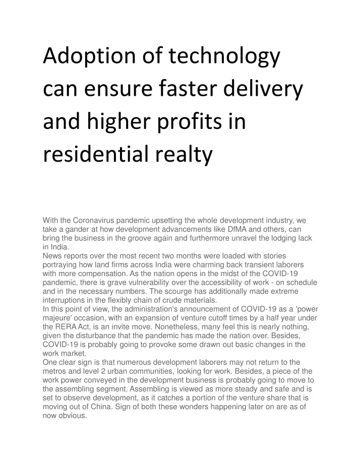 adoption of technology can ensure faster delivery and higher profits in residential realty