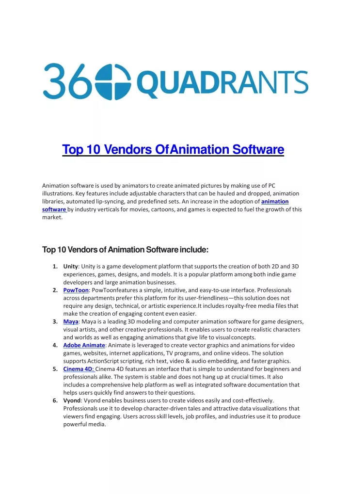 top 10 vendors of animation software