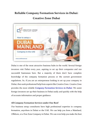 Reliable Company Formation Services in Dubai: Creative Zone Dubai