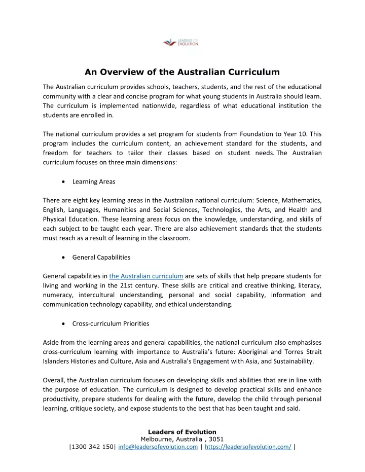 an overview of the australian curriculum