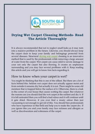 Drying Wet Carpet Cleaning Methods- Read The Article Thoroughly