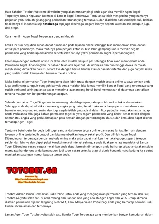 Agen Totobet Terbaik 2015