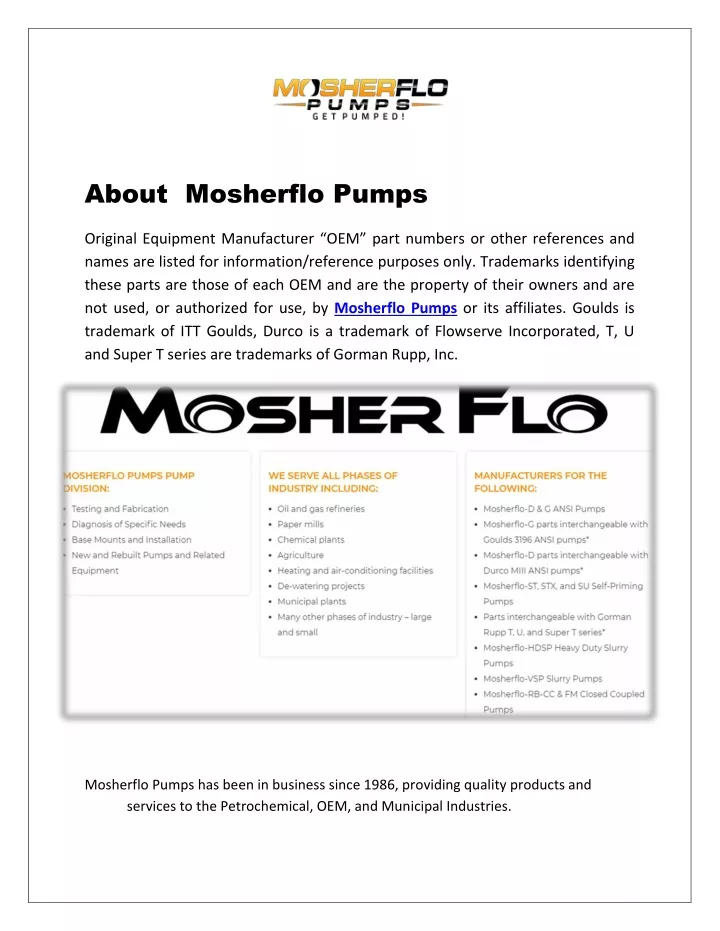 about mosherflo pumps