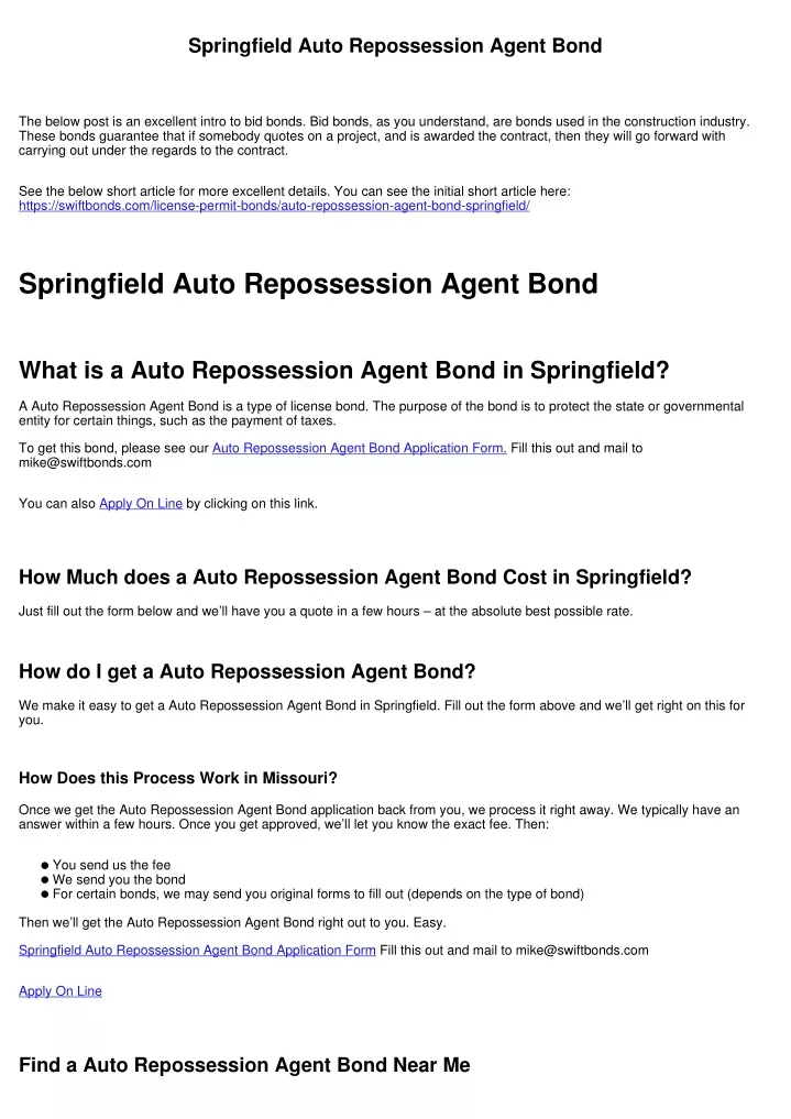 springfield auto repossession agent bond