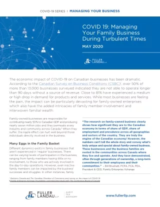 COVID 19: Managing Your Family Business During Turbulent Times