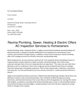 Ravinia Plumbing, Sewer, Heating & Electric Offers AC Inspection Services to Homeowners