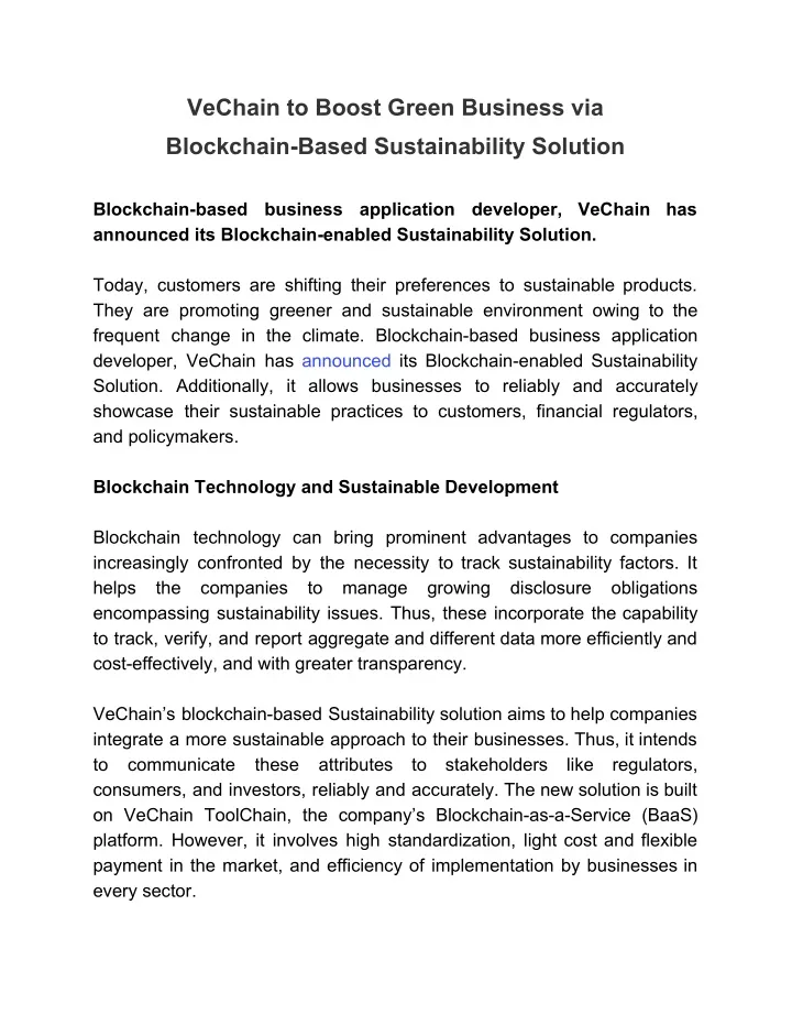 vechain to boost green business via