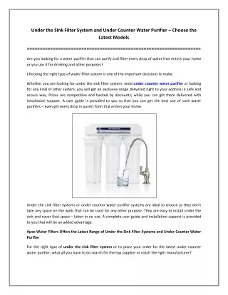 Under the Sink Filter System and Under Counter Water Purifier – Choose the Latest Models