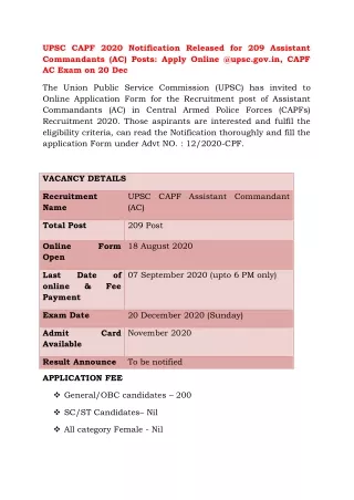 upsc capf 2020 notification released