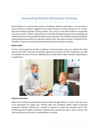 Overarching benefits of sedation dentistry
