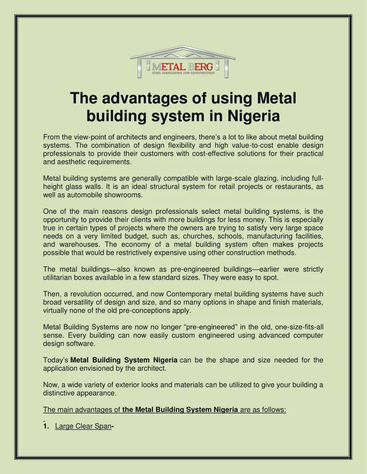 the advantages of using metal building system