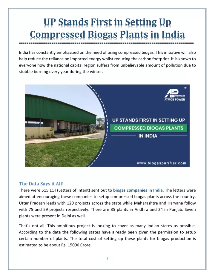 up stands first in setting up compressed biogas