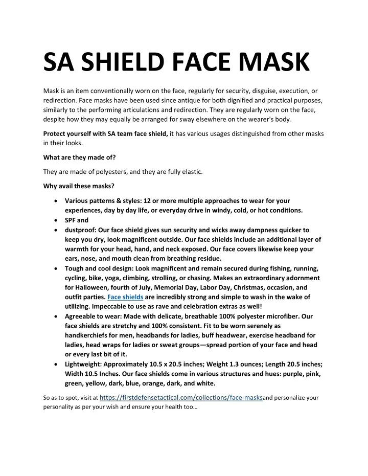 sa shield face mask