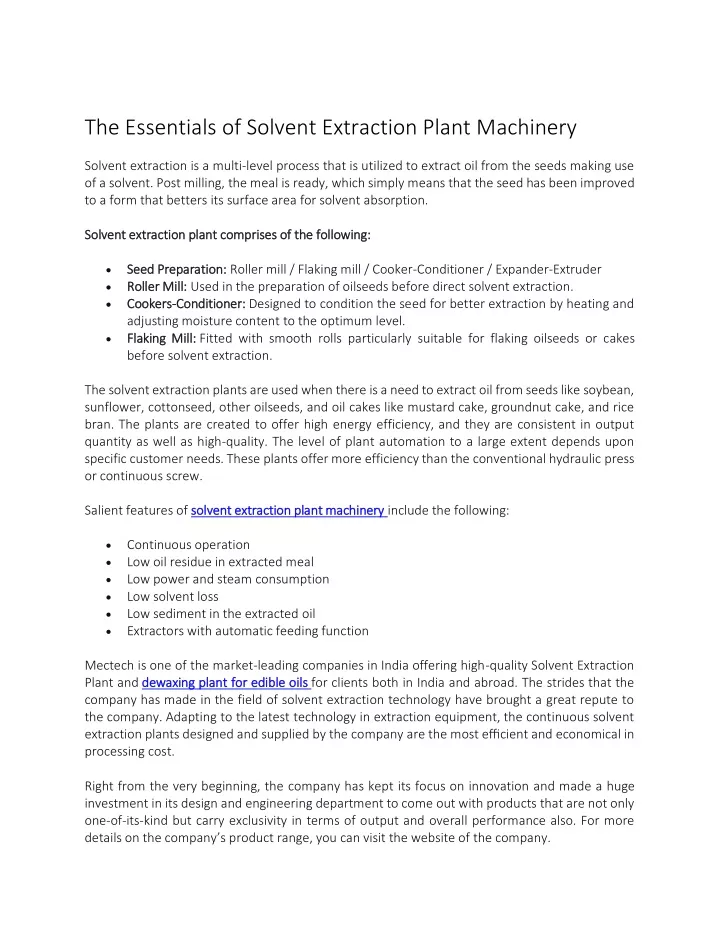 the essentials of solvent extraction plant