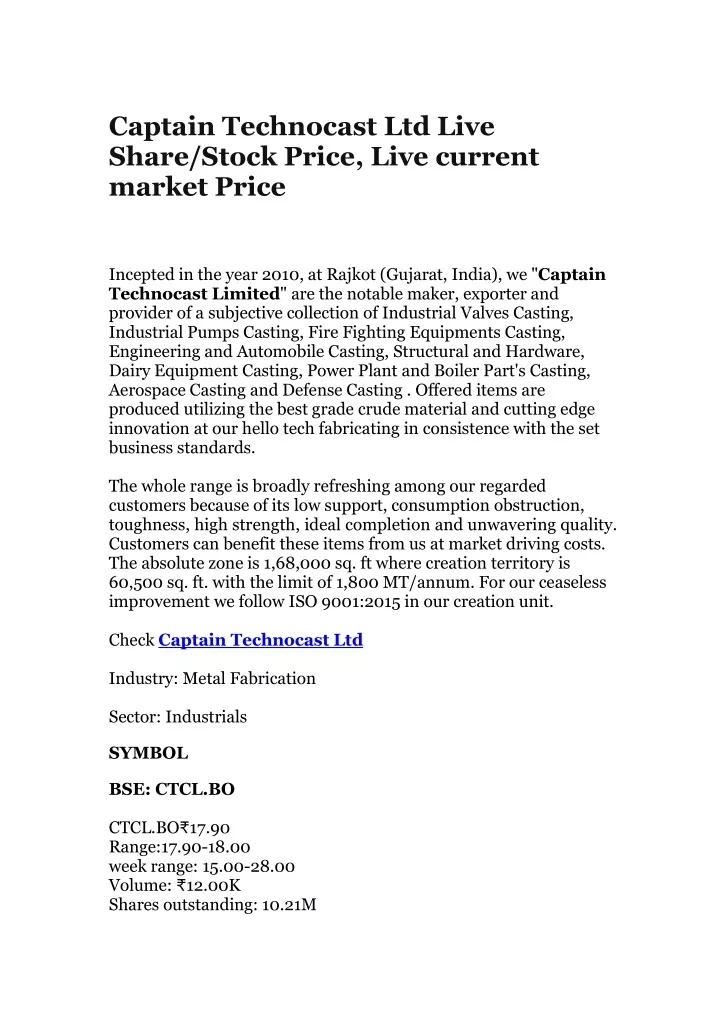 captain technocast ltd live share stock price