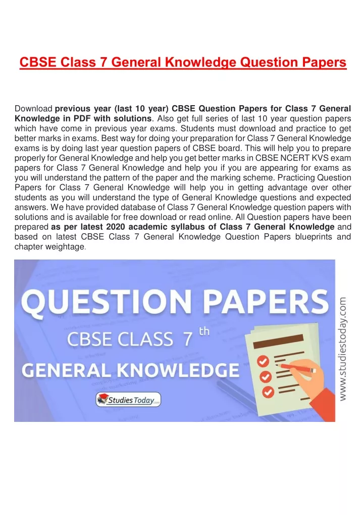 cbse class 7 general knowledge question papers