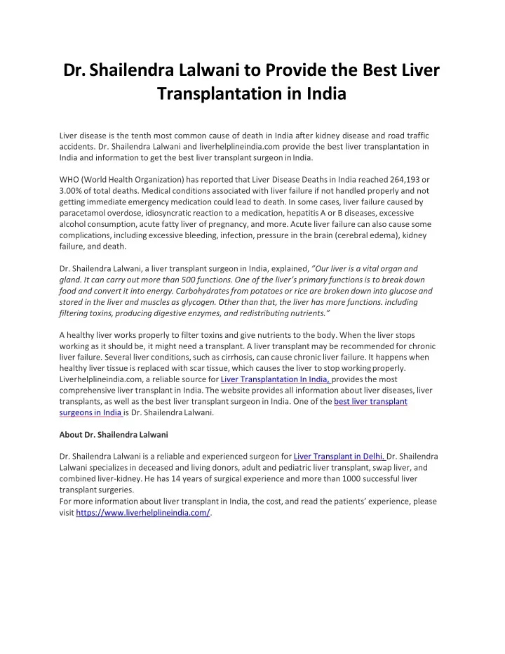 dr shailendra lalwani to provide the best liver transplantation in india