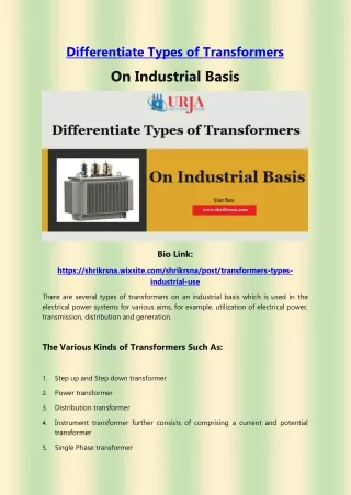 Differentiate Types of Transformers: On industrial basis