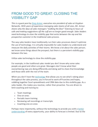 FROM GOOD TO GREAT: CLOSING THE VISIBILITY GAP